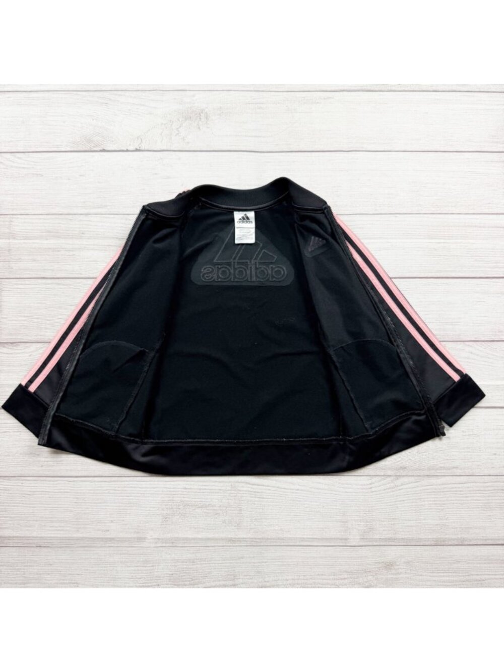 Adidas Girls Black Full Zip Track Jacket Pink Stripes Logo 6 - Picture 2 of 4